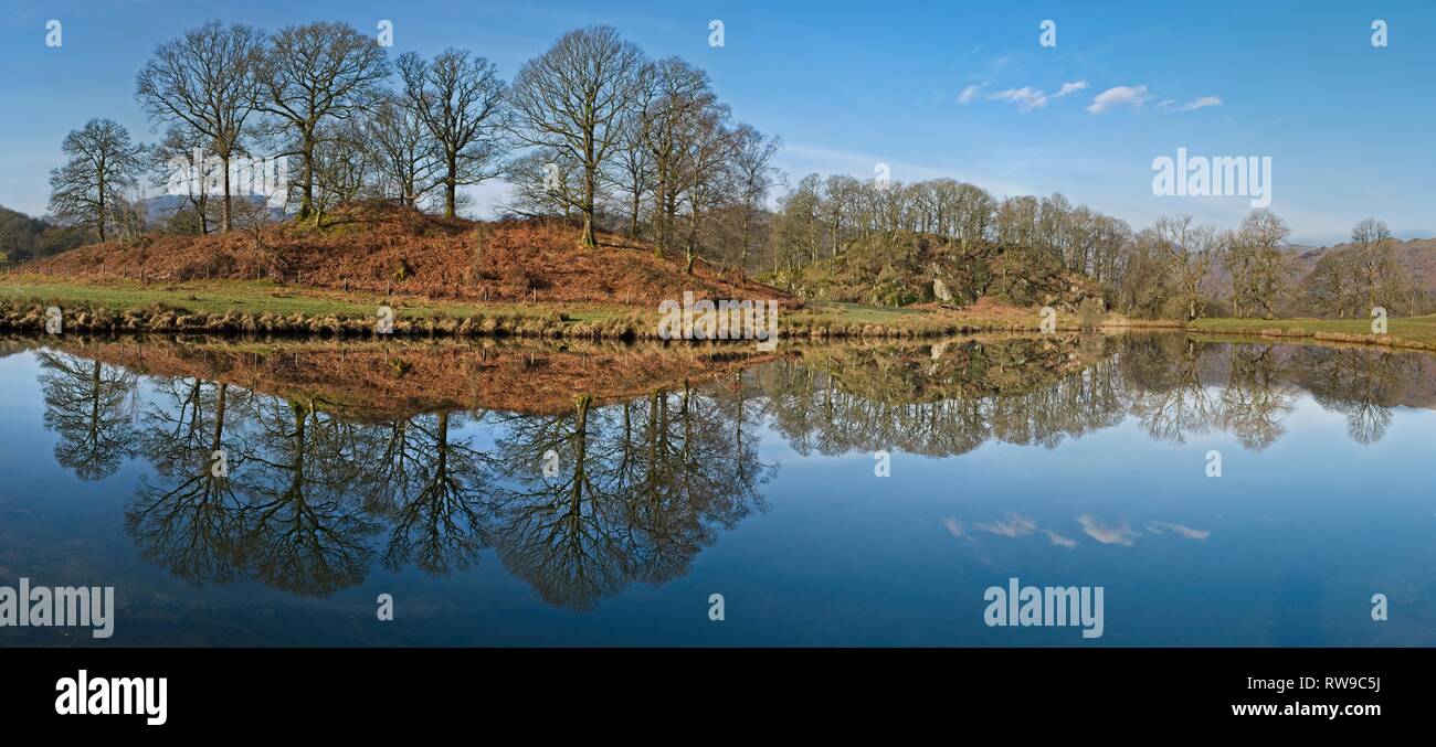 Panoramablick auf Baum Reflexionen entlang des Flusses Brathay in der Nähe von elterwater Stockfoto