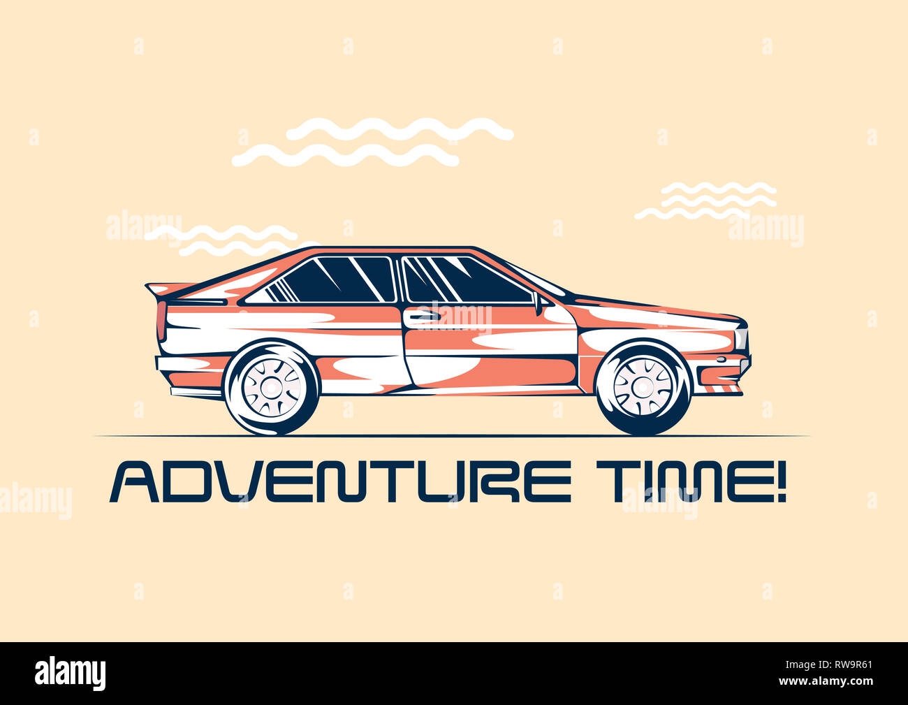 Retro coupe Auto von 1980 bereit für eine Reise. Sommer Spaß Reise Konzept. Vector Illustration Stockfoto