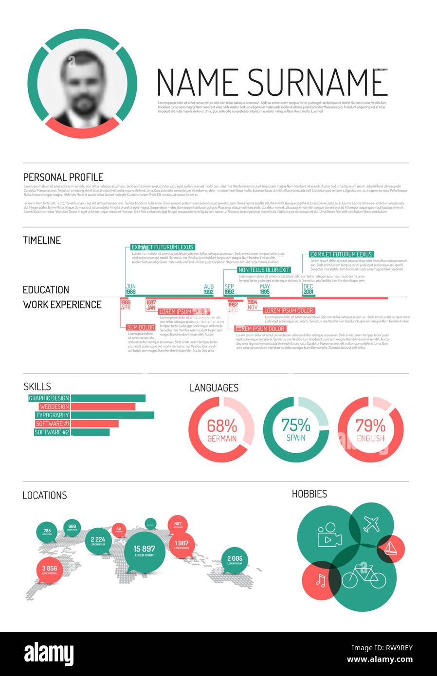 Vektor original minimalistisch CV/Lebenslauf Vorlage - mit viel Infografik Schaubilder und Diagramme Stock Vektor