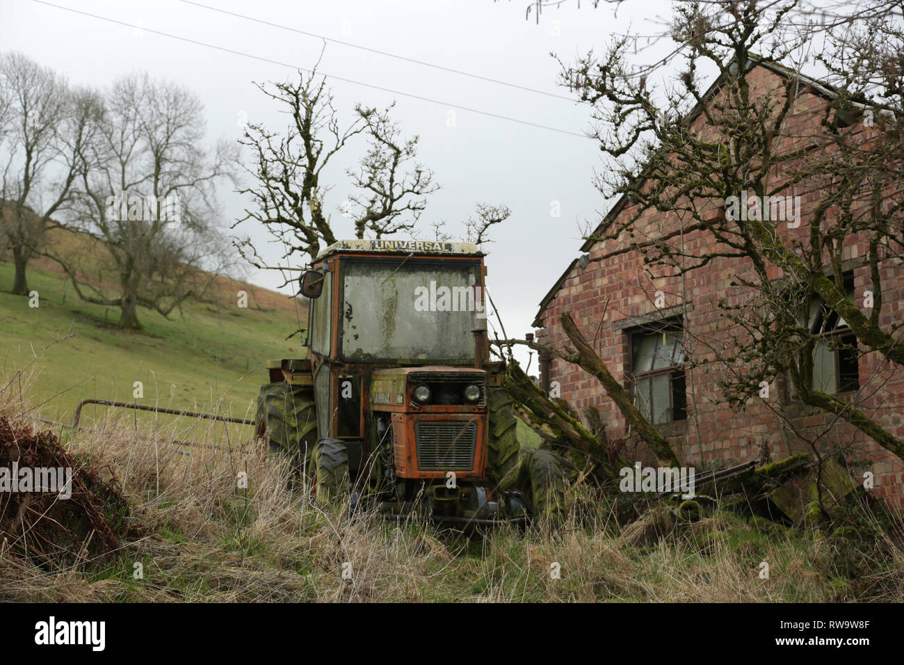 Vernachlässigt und nicht genutzte Universal 640 DT Traktor auf einem Bauernhof in Shropshire, England, UK. Stockfoto