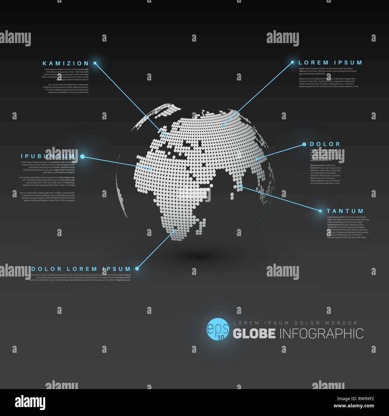 Welt Karte Globus mit Zeiger markiert - dunkle Version, mit Hellblau Wirkung von Zeigern. Moderne Welt Karte Globus Infografik Stock Vektor