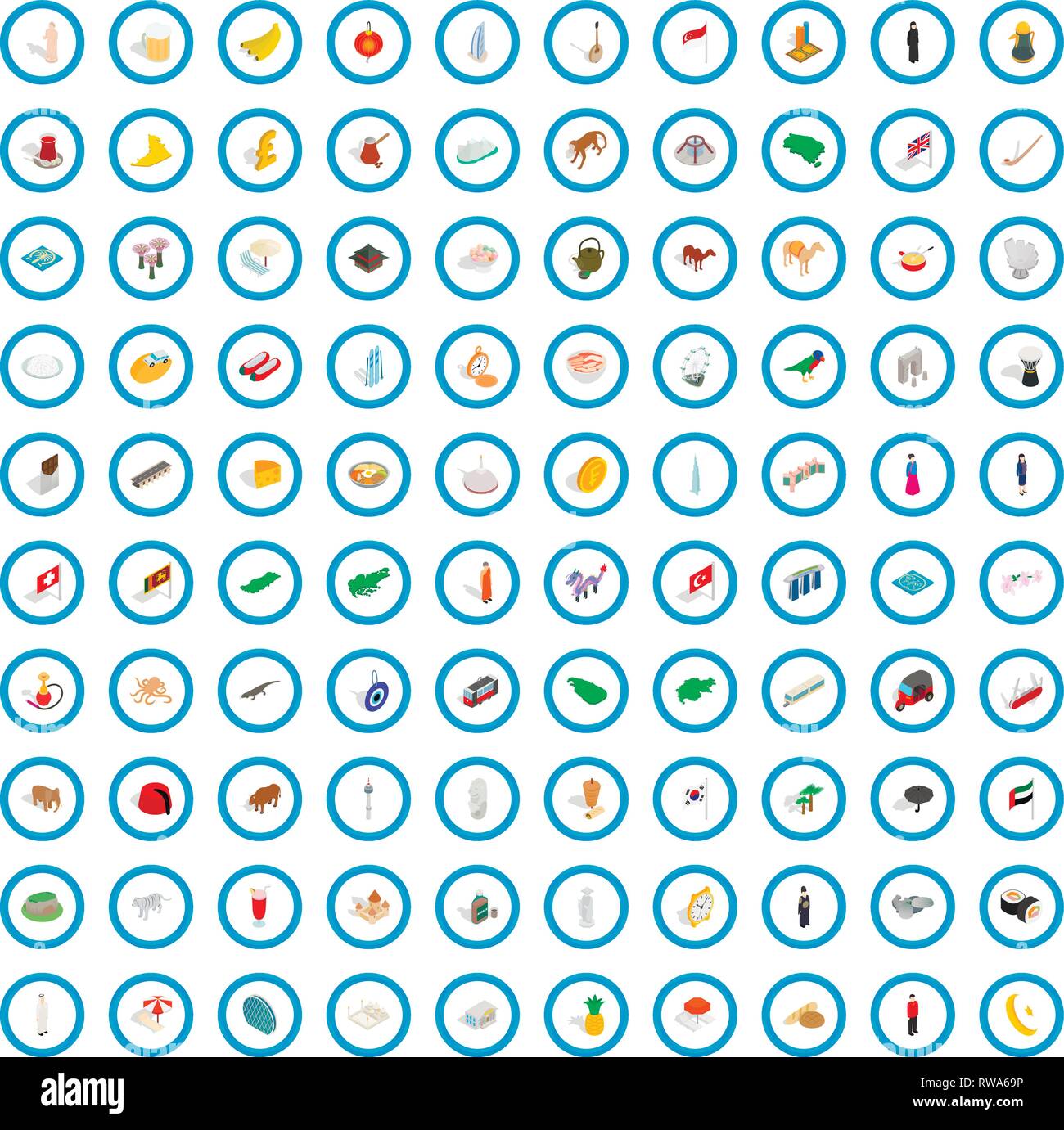 100 Land Icons Set, isometrischen 3d Stil Stock Vektor