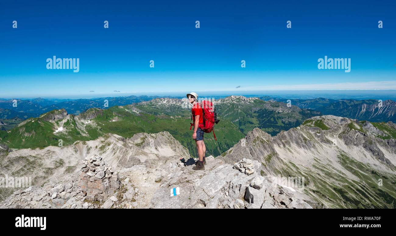 Wanderer in die Ferne schaut, Gipfel der Hochvogel, Blick auf das Bergpanorama, Allgäu, Allgäuer Hochalpen, Bayern Stockfoto