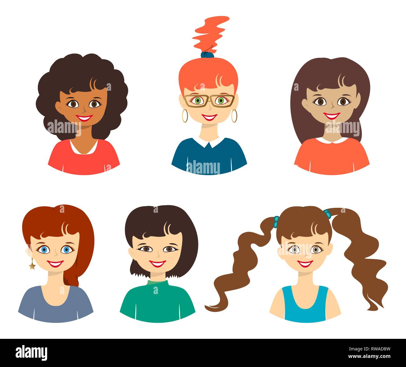 Der nette Mädchen Frauen mit verschiedenen Frisuren und Farben Vektor-illustration isoliert. Cartoon flachbild Symbole Stock Vektor