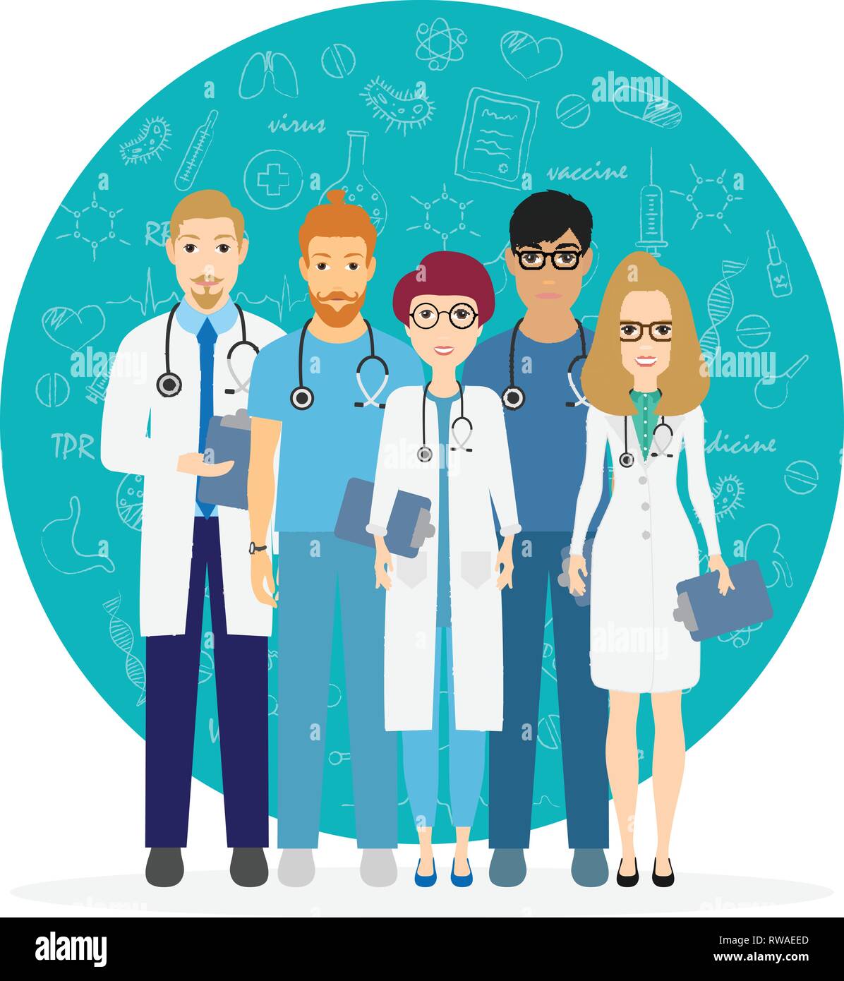 Ärzte. Team der medizinischen Arbeiter auf einem Hintergrund. Krankenhauspersonal. Vektor Grafik im Comic-Stil Stock Vektor