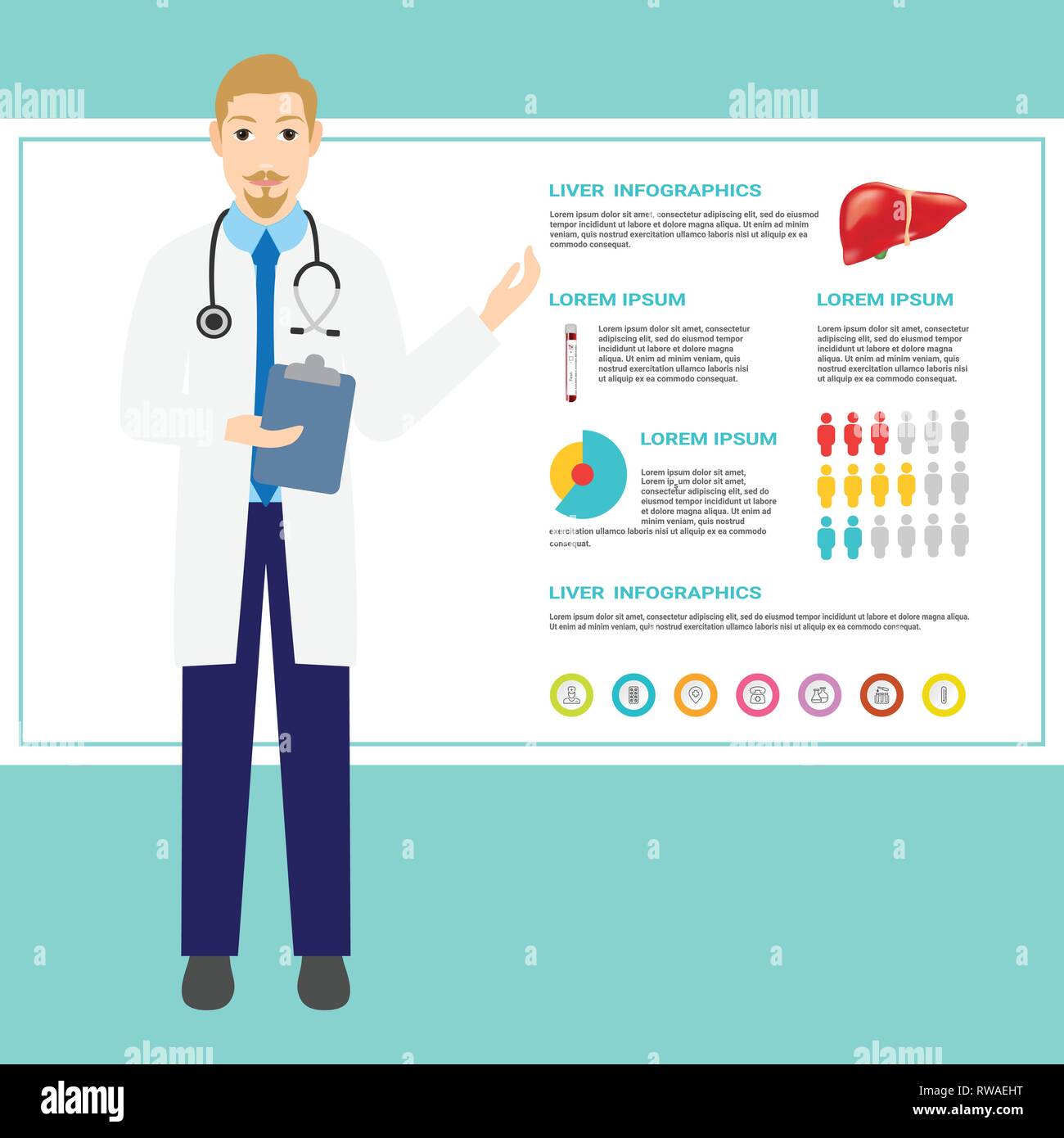 Ihre inneren Organe Gesundheit Poster mit einem Arzt Comicfiguren und Leber Symbol prüfen. Vector Illustration in flacher Ausführung, medizinische Infografik Stock Vektor