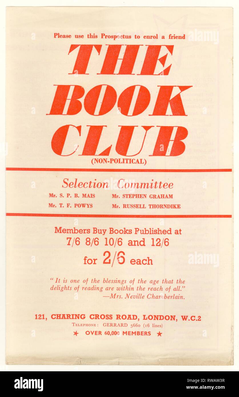 Jahrgang 1940's Book Club Packungsbeilage durch Foyle Ltd., Charing Cross Road, London, Großbritannien ausgestellt Stockfoto