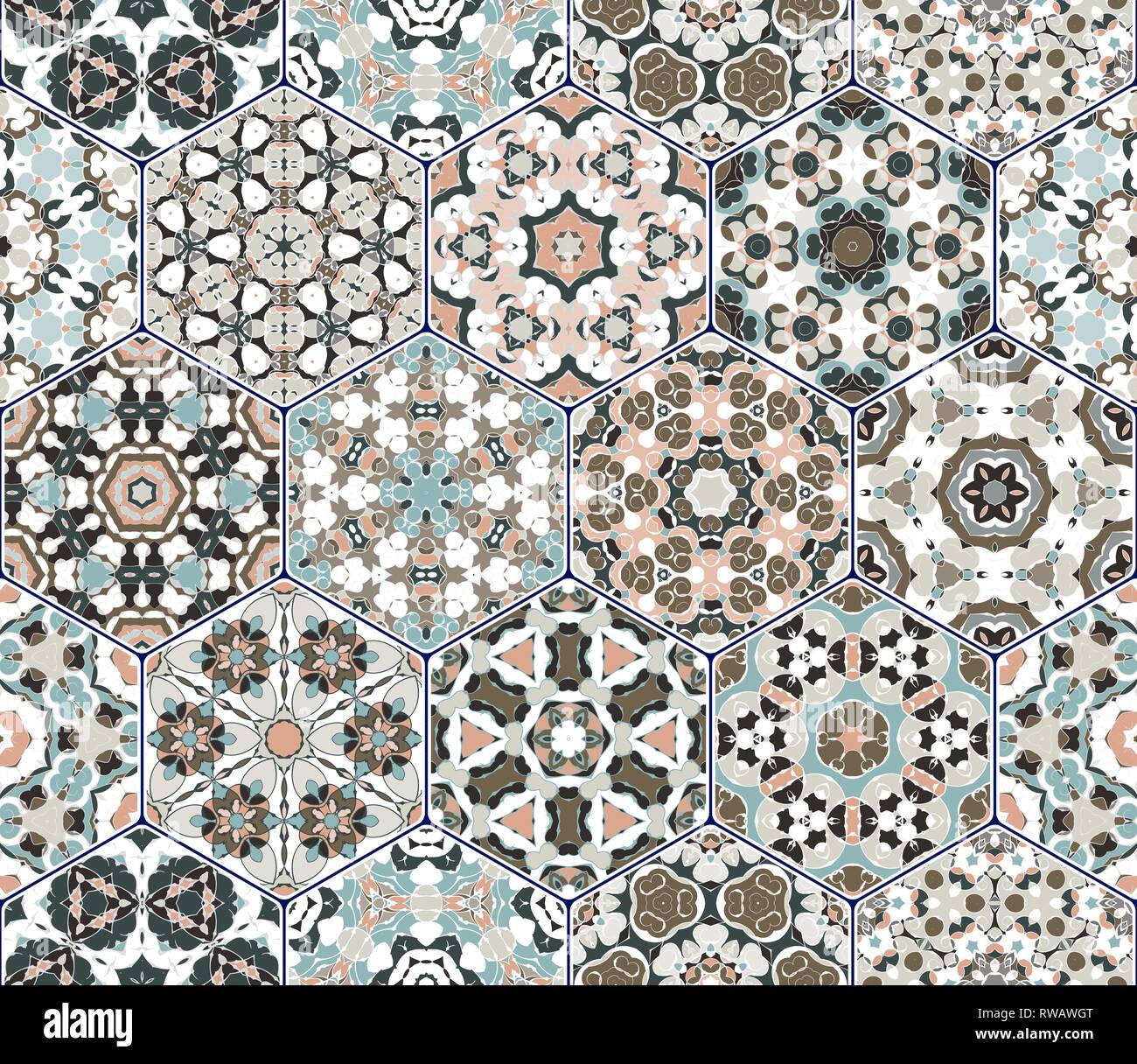 Nahtlose sechseckige Fliesen Mosaik in Vektor einrichten. Orientalische und ethnische Motive in Design Patterns. Stock Vektor