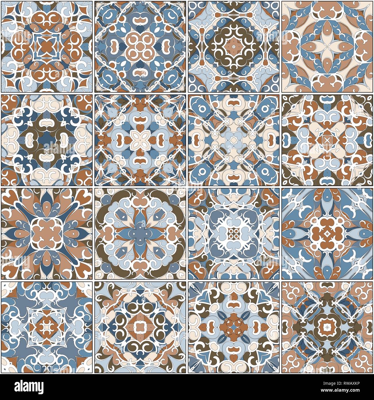 Eine Sammlung von Keramikfliesen in Blau und Braun retro Farben. Eine Reihe von quadratischen Muster im ethnischen Stil. Vector Illustration. Stock Vektor