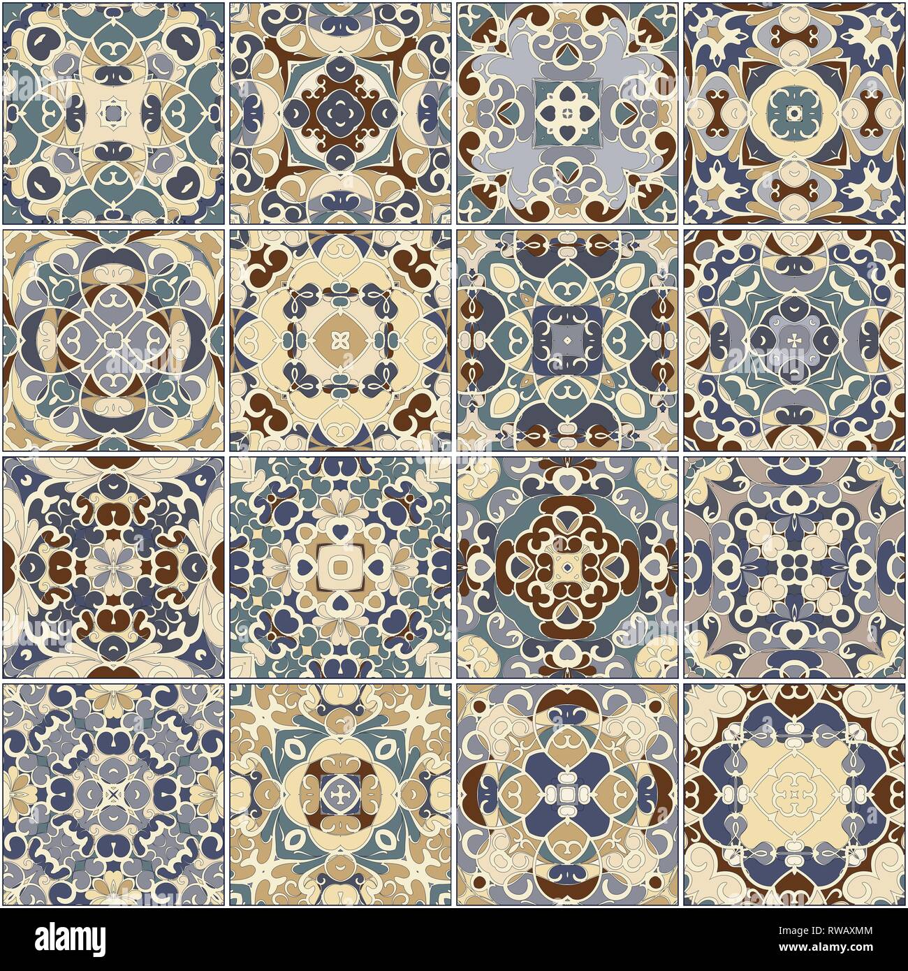 Eine Sammlung von Keramikfliesen in Blau und Beige retro Farben. Eine Reihe von quadratischen Muster im ethnischen Stil. Vector Illustration. Stock Vektor