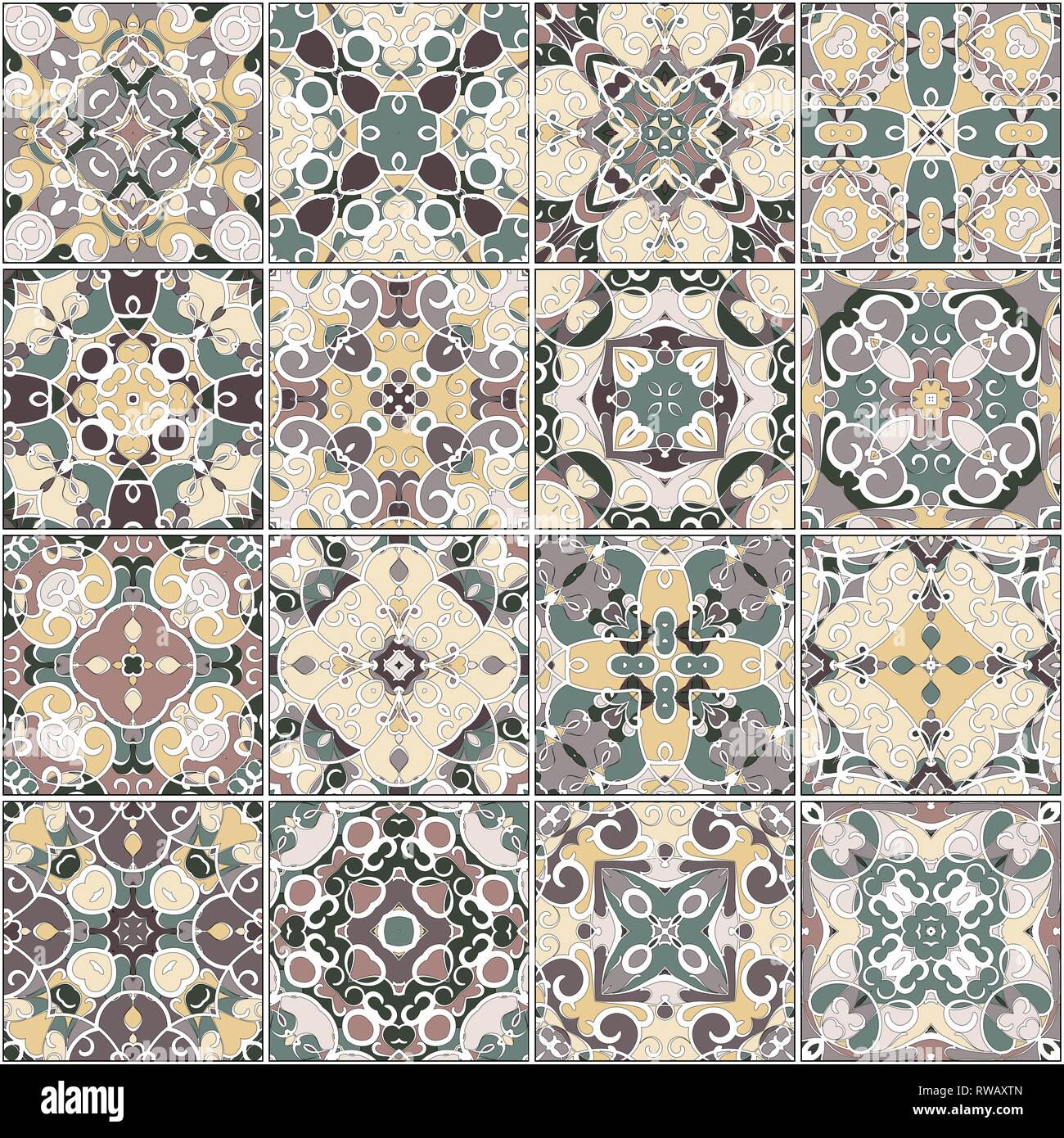 Eine Sammlung von Keramikfliesen in grünen und gelben Farben. Eine Reihe von quadratischen Muster im orientalischen Stil. Vector Illustration. Stock Vektor