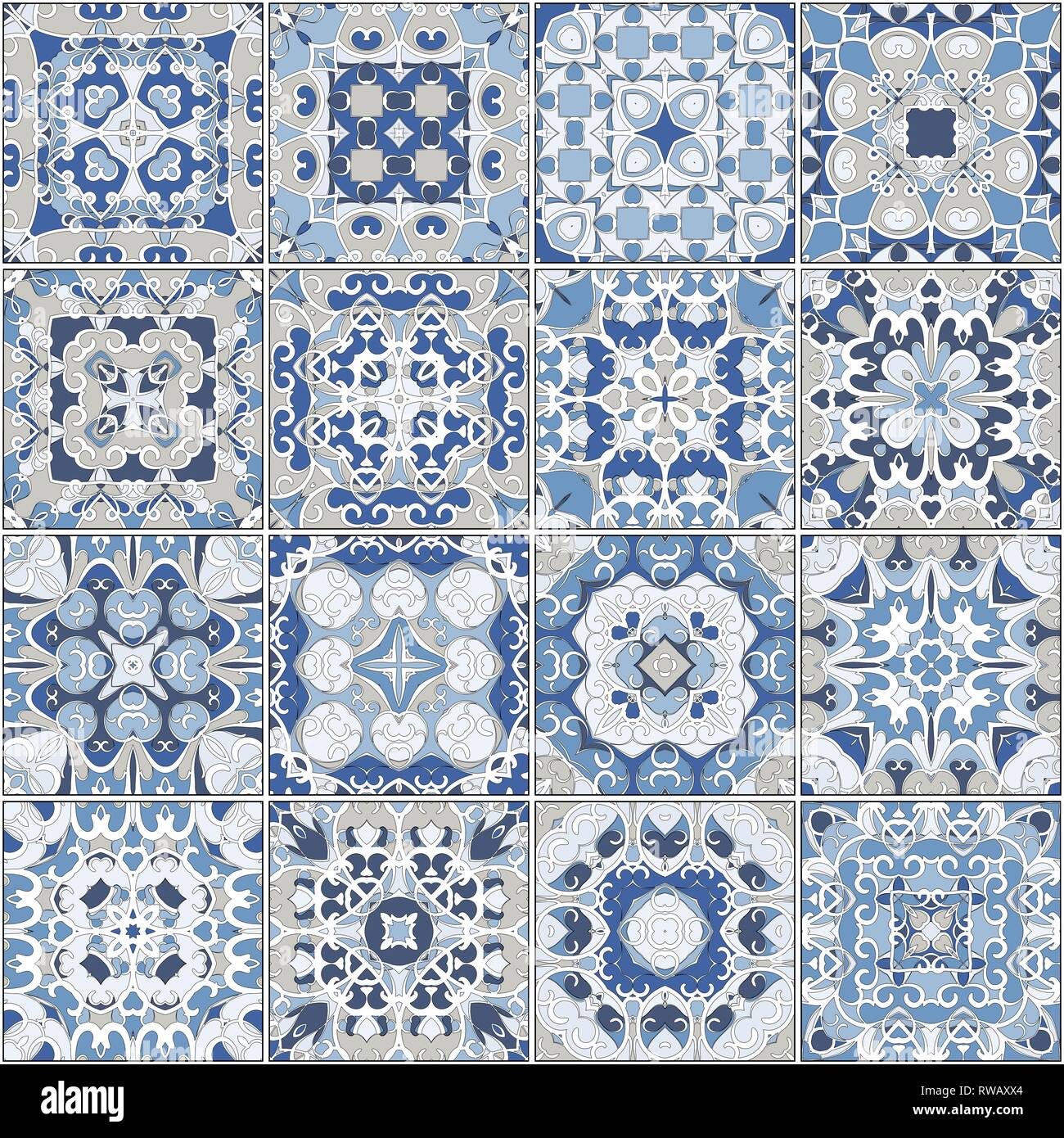 Eine Sammlung von Keramikfliesen in blauen Farben. Eine Reihe von quadratischen Muster im orientalischen Stil. Vector Illustration. Stock Vektor