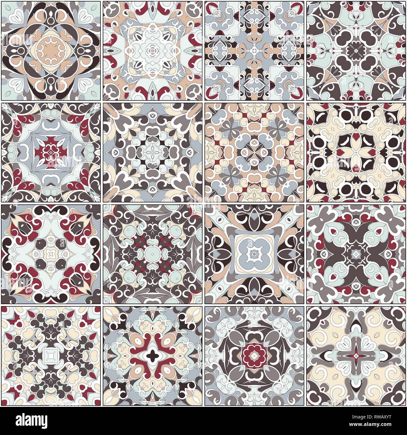 Eine Sammlung von Keramikfliesen in Rot und Beige. Eine Reihe von quadratischen Muster im ethnischen Stil. Vector Illustration. Stock Vektor