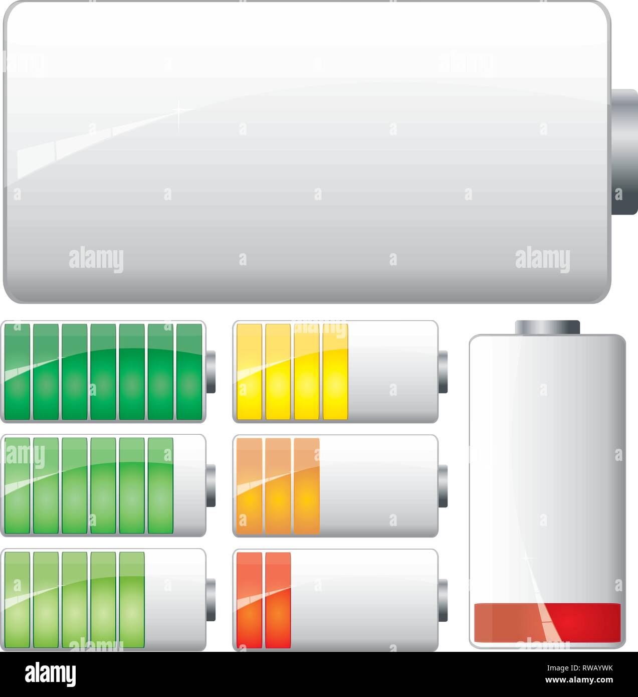 Satz von Weißen Batterien aufladen, die Stufen der Macht fast leer und voll, Vektor Stock Vektor