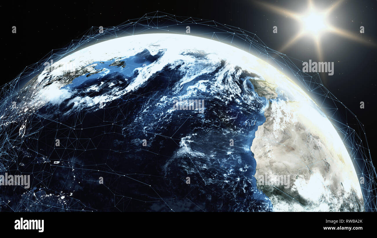 Realistische Sonnenaufgang über dem Planeten Erde mit digitalen Daten grid Mesh um Stockfoto