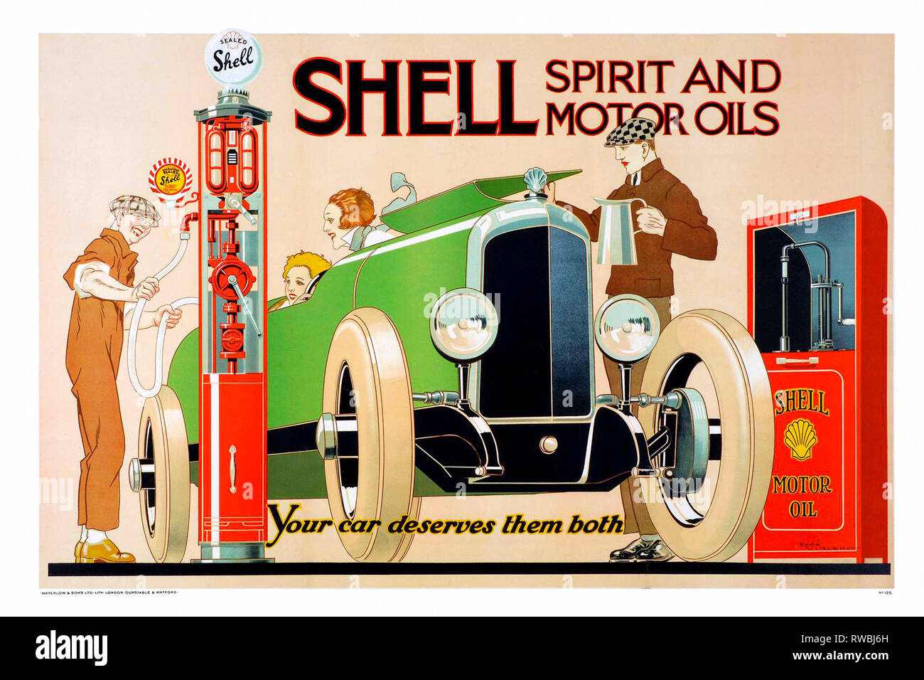 Vintage Shell Oil Werbung, art deco Poster von Rene Vincent, 1926, UK Stockfoto