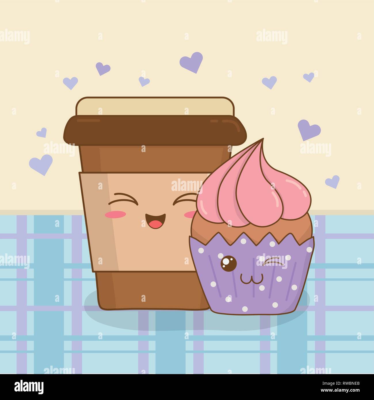 Kaffee Mit Kuchen Kawaii Zeichen Vektor Abbildung Bild