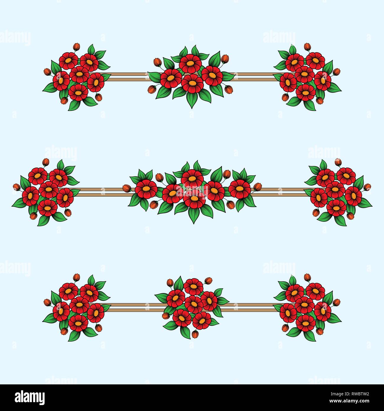 Set aus drei verschiedenen roten lineare Frames mit floralen Elementen Stock Vektor
