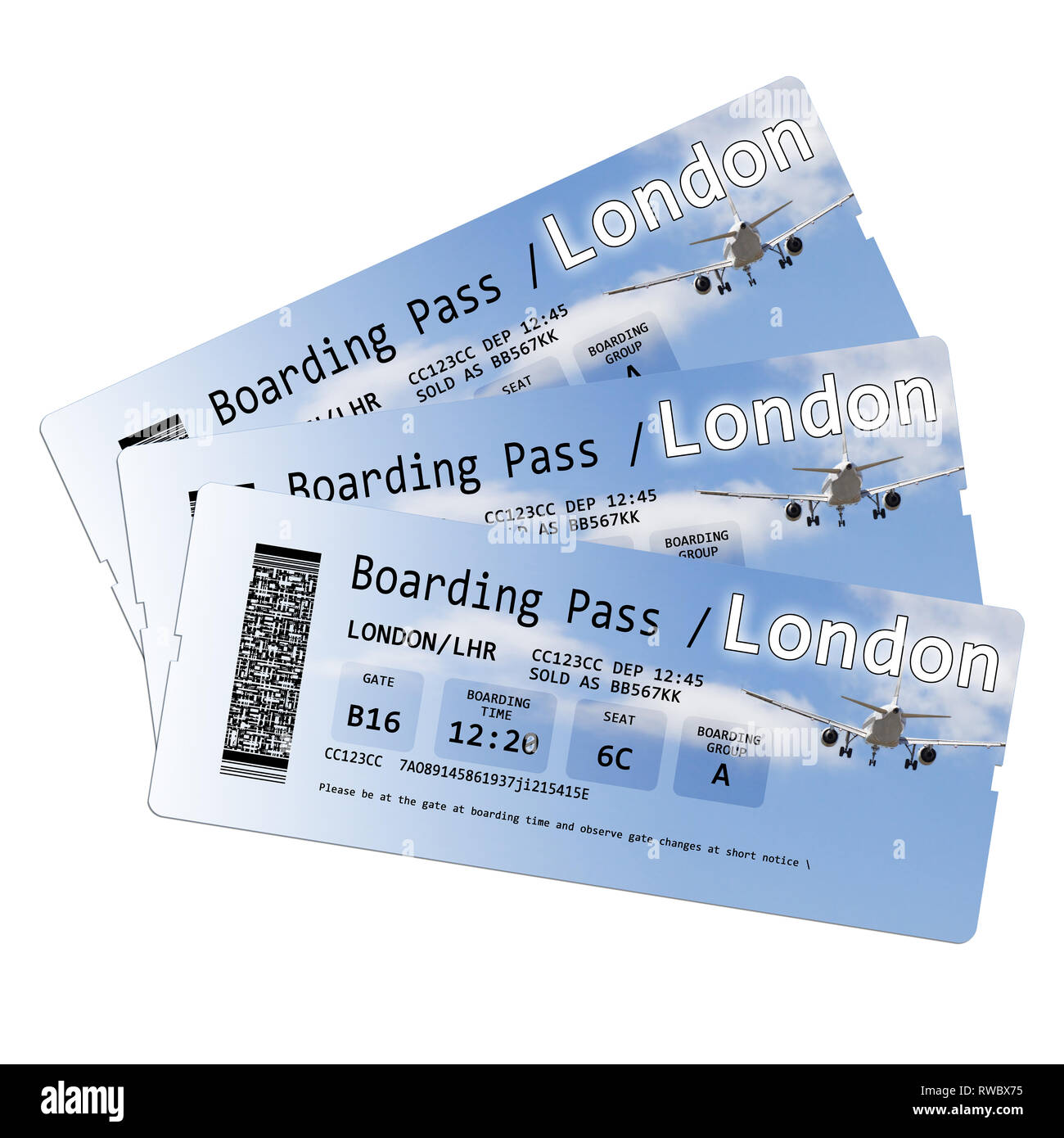 Airline Bordkarte Tickets für Londoner isoliert auf Weiss. Jedes Element des Tickets wird erfunden. Jedes Symbol und jeder Code, jede ID-Nummer, Inv. Stockfoto