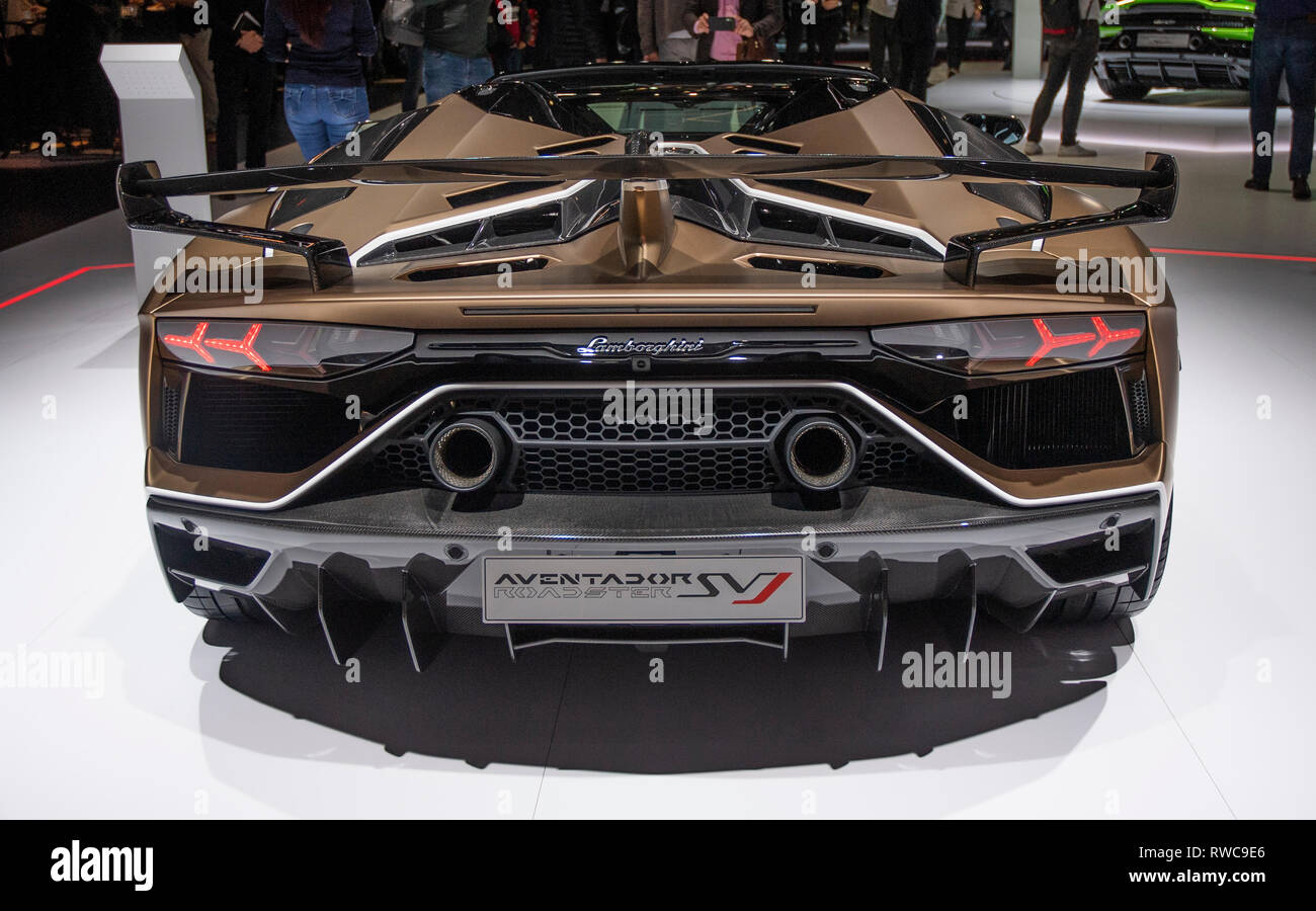 Genf, Schweiz. 6. März, 2019. Die neuen Lamborghini Aventador (Rückansicht) an der Presse Tage der 89. internationalen Automobilsalon in Genf präsentiert. Quelle: Eric Dubost/Alamy leben Nachrichten Stockfoto