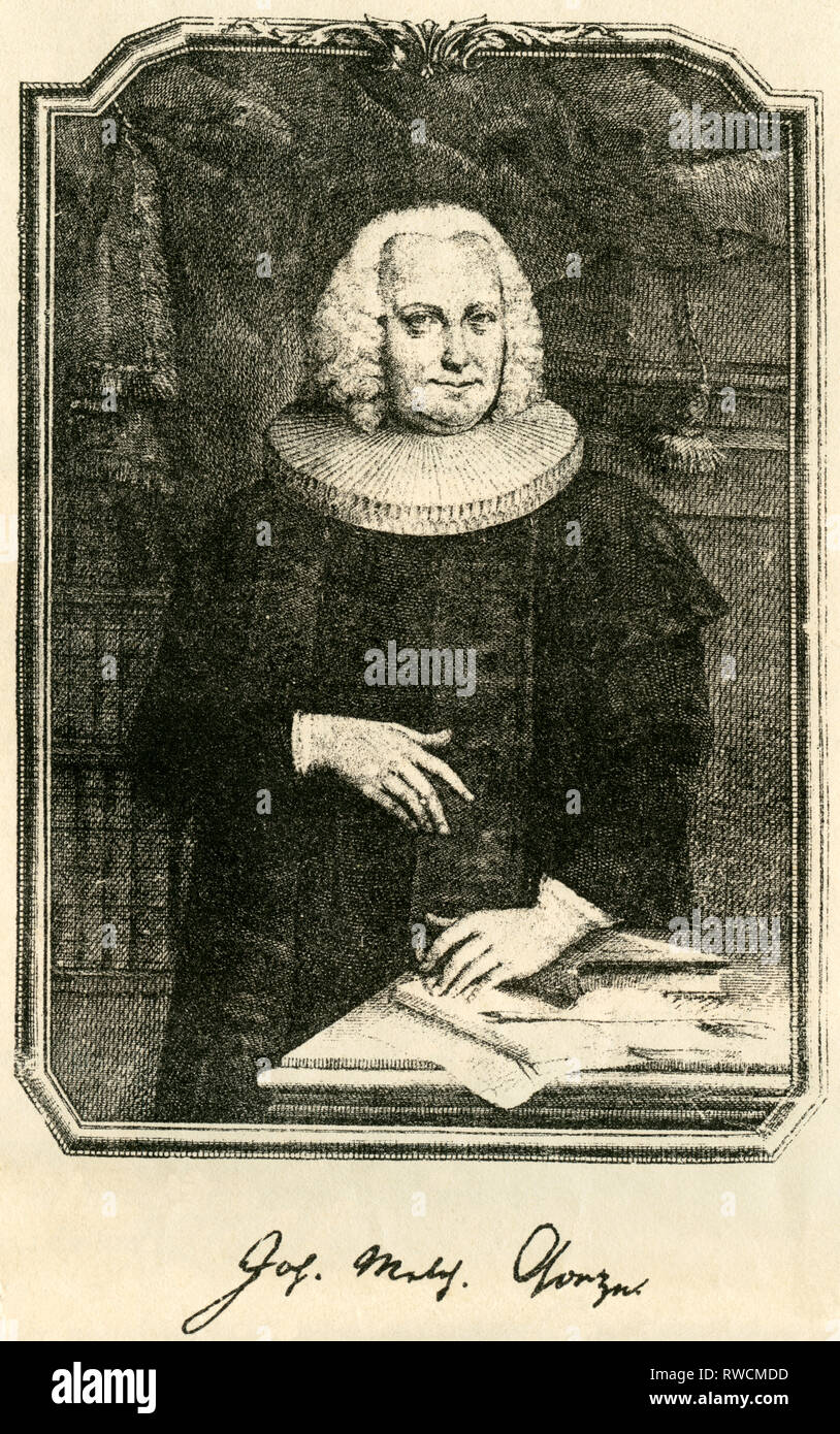 Deutschland, Hamburg, Johann Melchior Goeze, der lutherische Pastor, original Text: "Johann Melchior Goeze, gezeichnet und von C. Fritzsch 1756', Illustration aus der Festschrift zum Bau der Lessing Denkmal auf dem Gänsemarkt in Hamburg, 08.09.1881., Additional-Rights - Not-Available Clearance-Info eingraviert Stockfoto