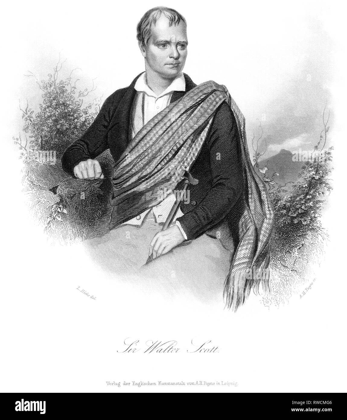 Großbritannien, Schottland, Edinburgh, Sir Walter Scott, schottischer Schriftsteller und Dichter, Stahlstich von A. H. Payne nach L. Hicks, um 1850., Artist's Urheberrecht nicht geklärt zu werden. Stockfoto