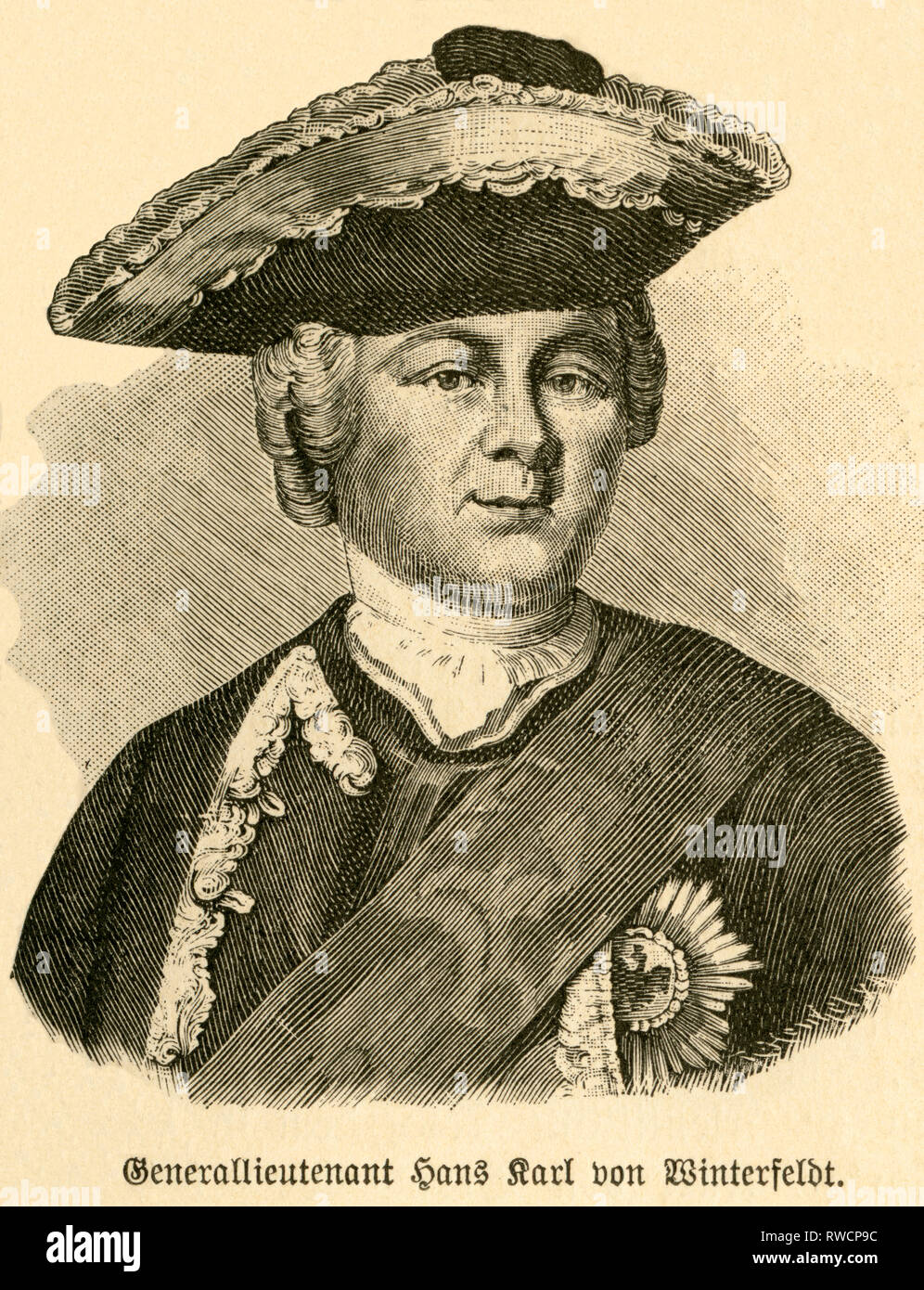 Hans Karl von Winterfeldt, Generalleutnant von Preußen, Portrait von: 'Deutschlands Heerführer" (Deutscher militärischer Führer), durch Sprößer, Verlag Ferdinand Hirt und Sohn, Leipzig, 1895 porträtiert., Additional-Rights - Clearance-Info - Not-Available Stockfoto