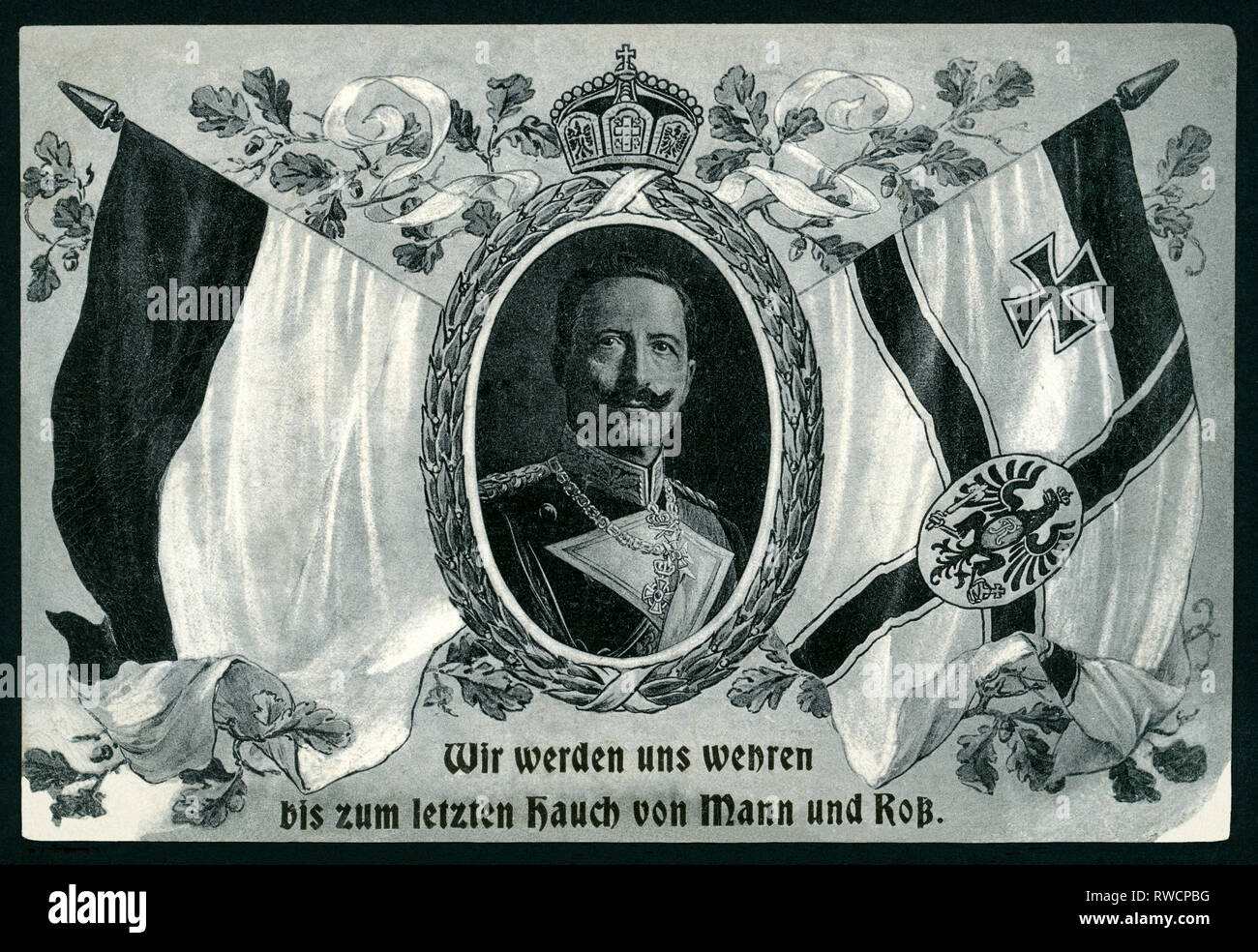 Wk I, Propaganda, patriotische Postkarte mit dem Porträt von Kaiser Wilhelm II., die deutschen Fahnen und das Sprichwort: "Wir selbst werden bis zum letzten Atemzug jeder Mensch und Pferd" verteidigen, Postkarte gesendet wurde 18.08.1918, Additional-Rights - Clearance-Info - Not-Available Stockfoto