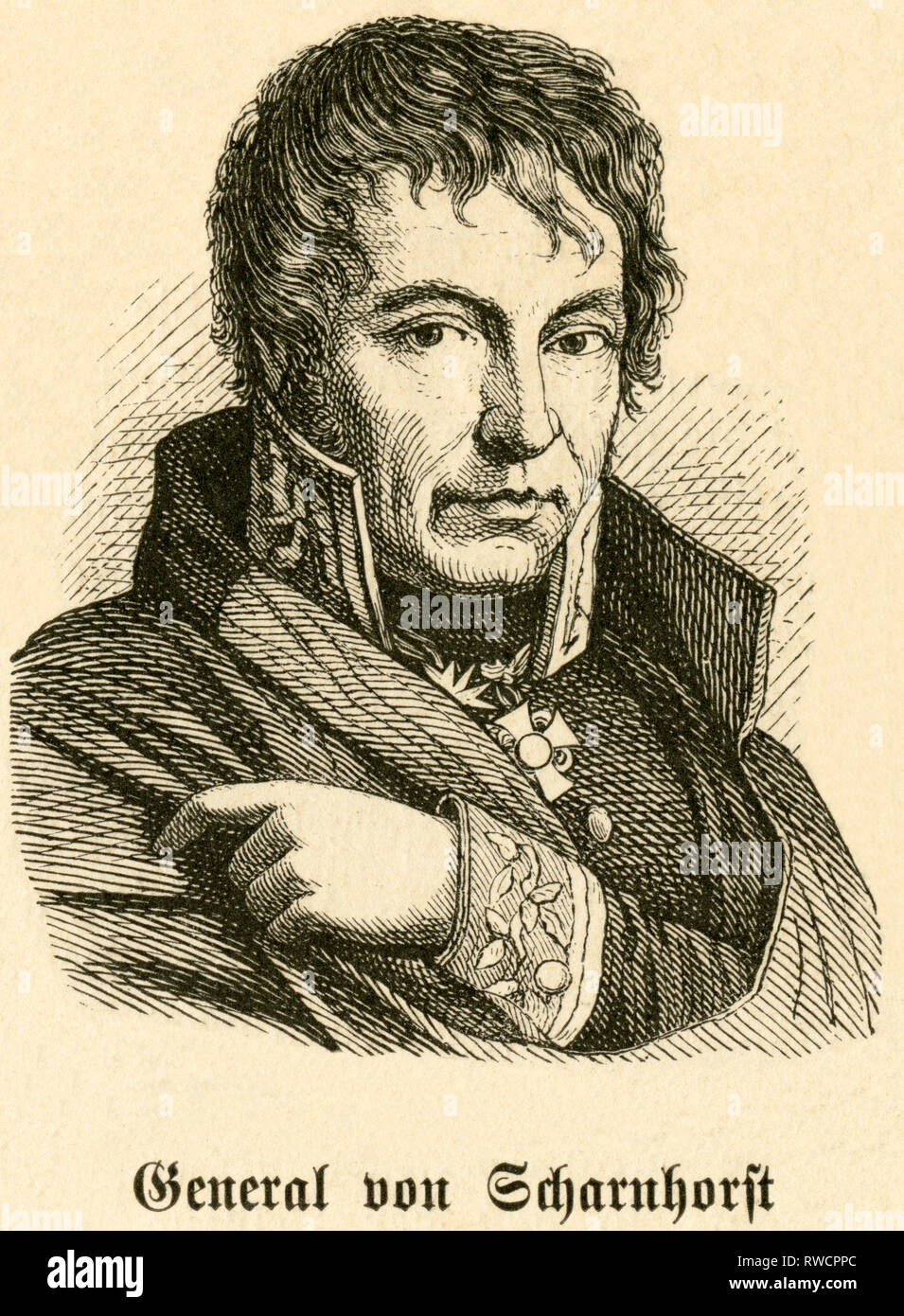 Preußische Generalleutnant Gerhard von Scharnhorst, Portrait von: 'Deutschlands Heerführer" (Deutsch mlitary Leader), 1640-1894, von Sprößer, Verlag Ferdinand Hirt und Sohn, Leipzig, 1895 porträtiert., Additional-Rights - Clearance-Info - Not-Available Stockfoto