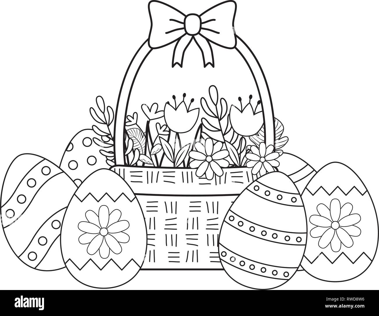 Süße korb Stroh mit Blumen und Eier bemalt Stock Vektor