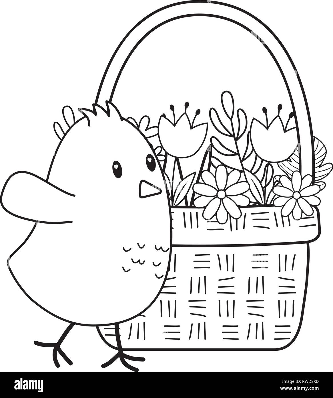 Kleine Küken mit Blumen im Korb Ostern Charakter Stock Vektor