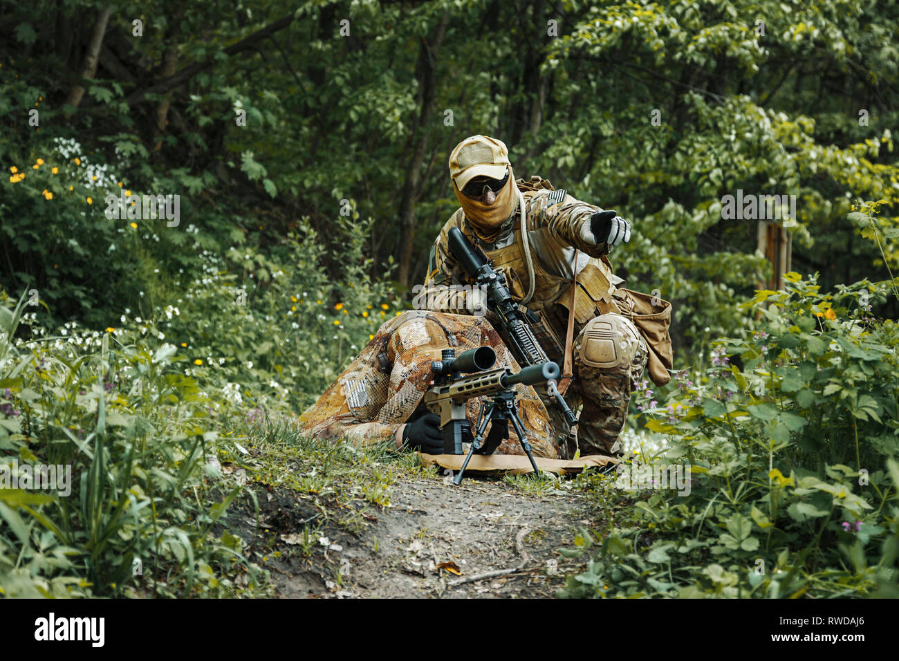 Sniper und Spotter der Grünhelme U.S. Army Special Forces Group in Aktion. Stockfoto