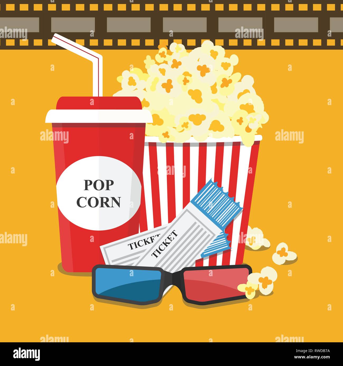 Popcorn und Getränke. Filmstreifen Grenze. Kino Nacht Symbol im flachen Design Style. Hellen Hintergrund. Vector Illustration Stock Vektor