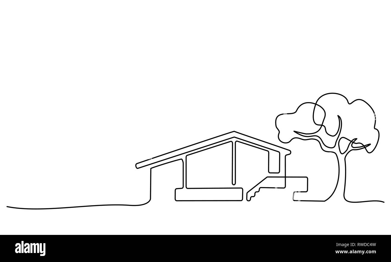 Kontinuierliche eine Linie zeichnen. Modernes Haus mit Baum, Gebäude, Wohngebäude Konzept, Logo, Symbol, Bau Vector Illustration Stock Vektor