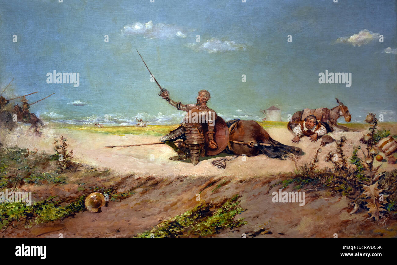 Don Quixote - Abenteuer mit der Männer aus Yanguas 1888 von Jose Nido Navas (1860-1912) Spanien, Spanisch. (Die geniale Hidalgo Don Quixote von La Mancha Miguel de Cervantes. Cervantes erstellt eine fiktive Herkunft für die Geschichte nach einem Manuskript von der erfundenen Maurischen Historiker, Cide Hamete Benengeli.) Stockfoto