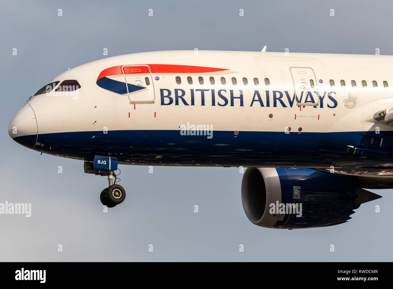 Nose of British Airways Boeing 787 Dreamliner Jet Airliner Flugzeug bei Landanflug am London Heathrow Airport, UK Stockfoto