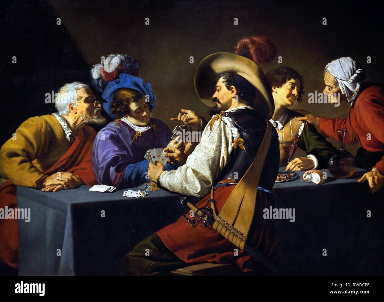 Die Cardsharps - Kartenspieler 1630 von Theodoor Rombouts, Niederlande, Niederländisch, ( Caravaggists, Style of Caravaggio) Stockfoto