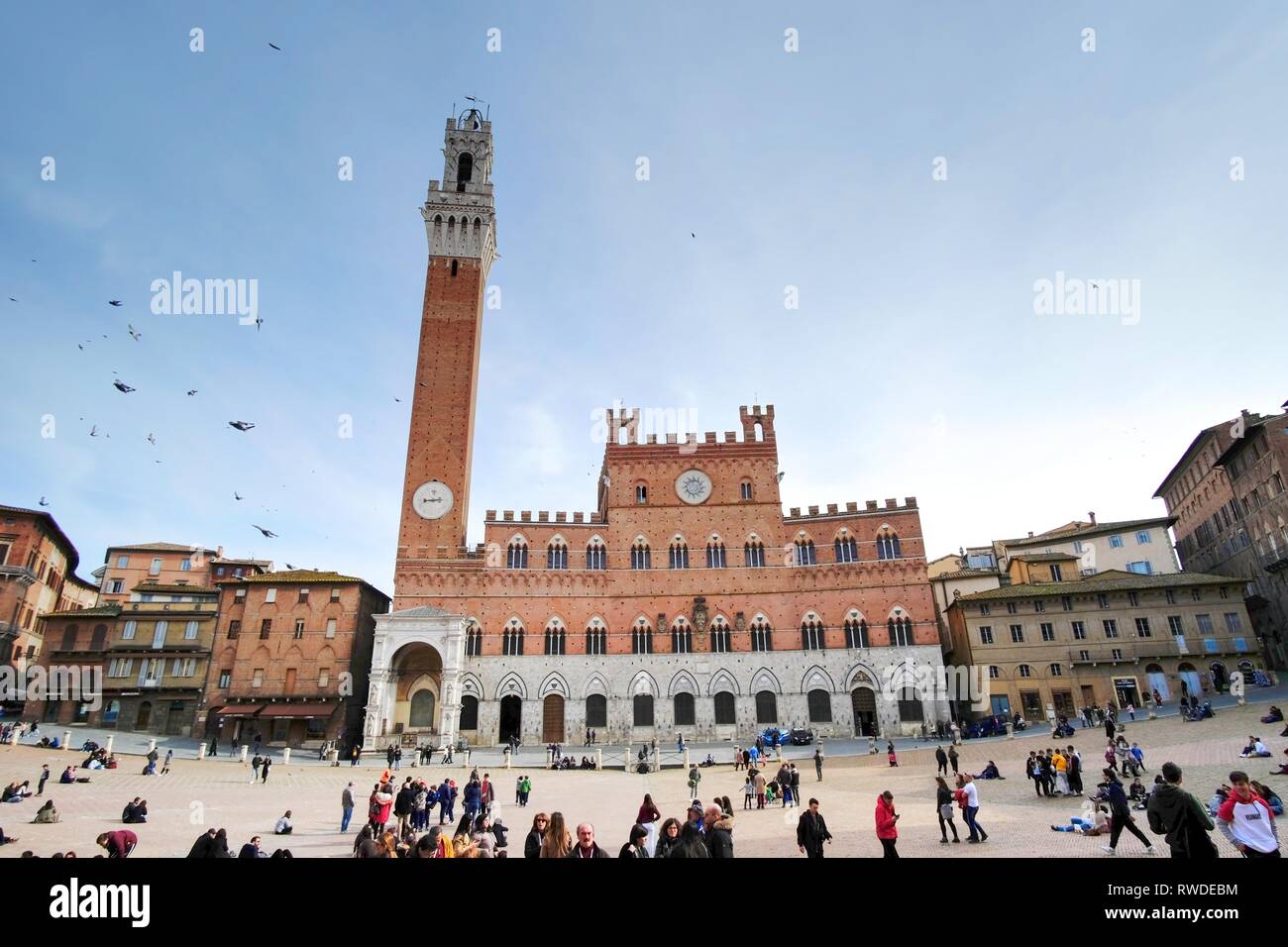 Siena, Italien - 03. März 2019: Piazza del Campo in der toskanischen Stadt, in der Nähe von Florenz in Italien. Der Platz ist berühmt in der ganzen Welt als die berühmten Pali Stockfoto