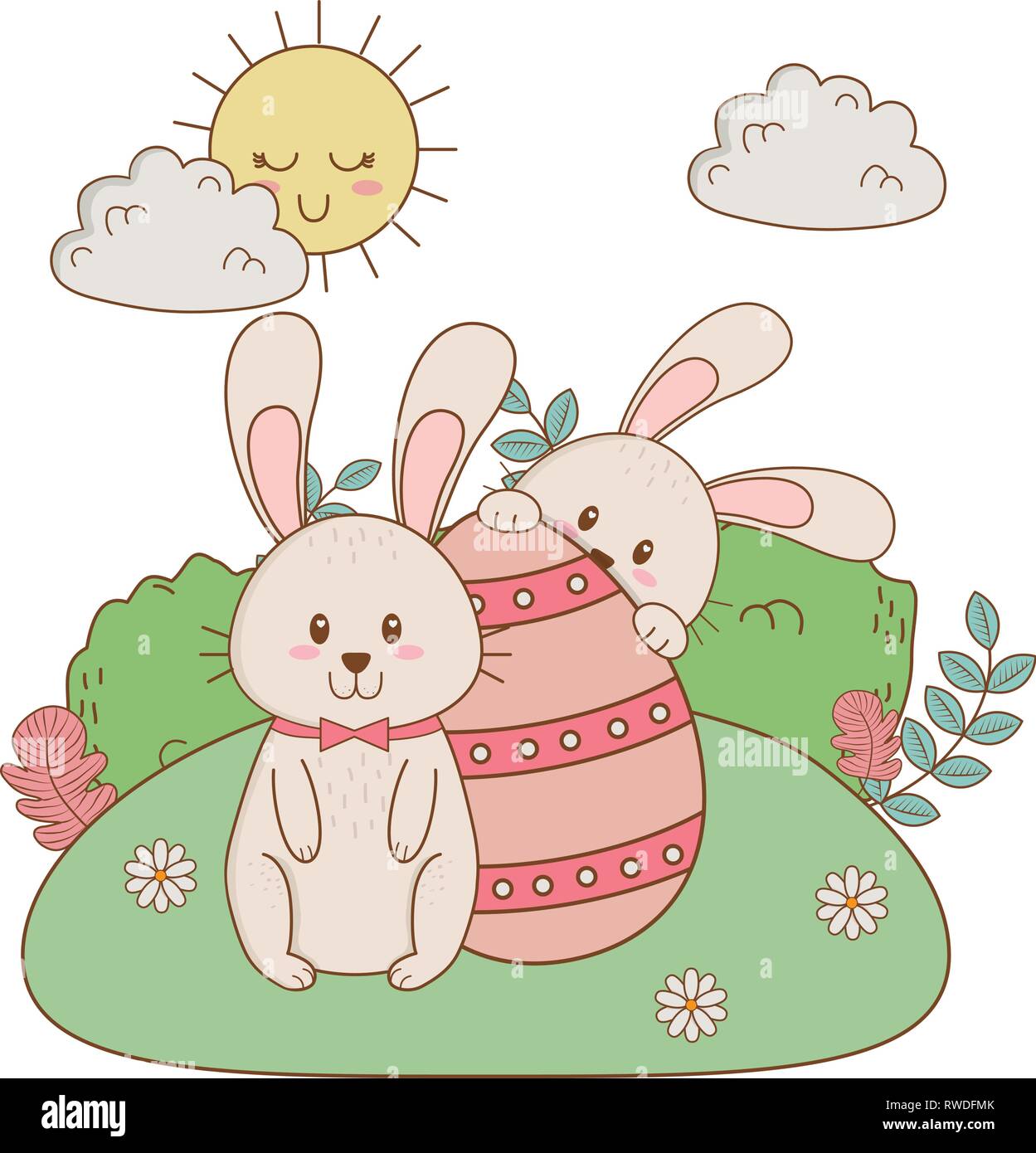 Kleine Hasen mit Ei im Garten gemalt Stock Vektor