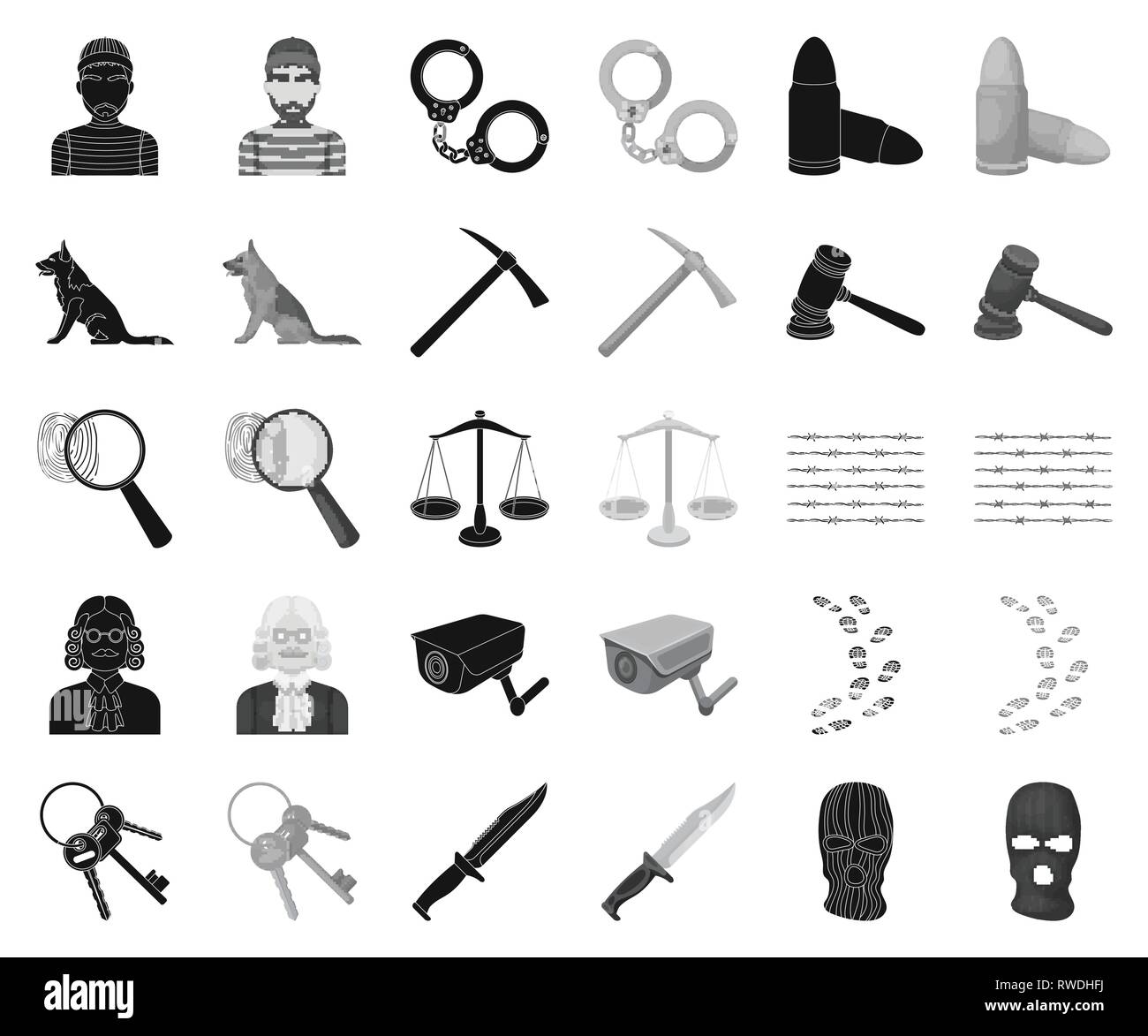 Arrestant, Attribute, ax, Stacheldraht, schwarz, monochrom, Bullet, Bündel, Kamera, Sammlung, Kriminalität, Strafrecht, Entbehrungen, Design, Hund, Finger, Fingerabdruck, Blumen, Hammer, Handschellen, Hut, Icon, Illustration, Haft, gehören, isoliert, Richter, Gerechtigkeit, Messer, Recht, Lupe, Maske, Patron, Spitzhacke, Gefängnis, Gefangenen, Bestrafung, Puzzle, Waagen, Set, Hirte, Zeichen, Symbol, Schwanz, Zunge, Rankgitter, Vector, Video, Waffe, Perücke, Kabel Vektor Vektoren, Stock Vektor