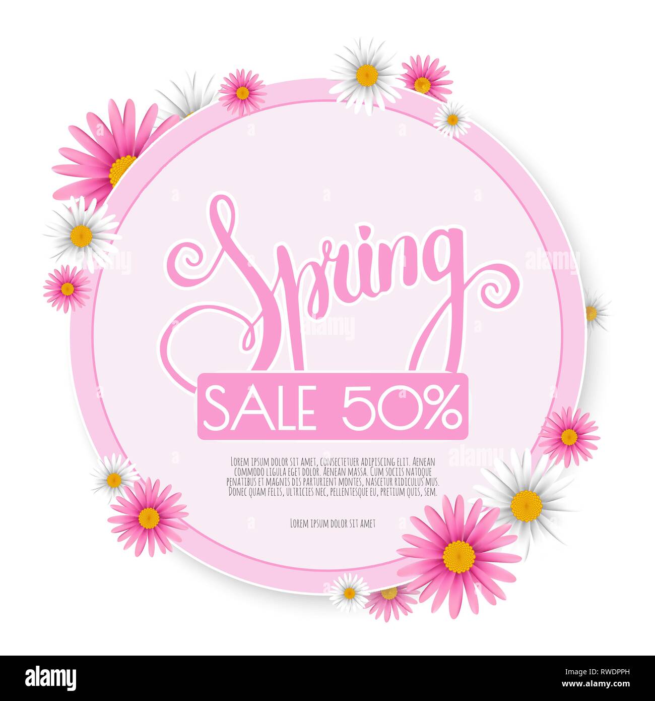 Frühling Verkauf Banner mit Papier Blumen auf einem weißen Hintergrund. Stock Vektor