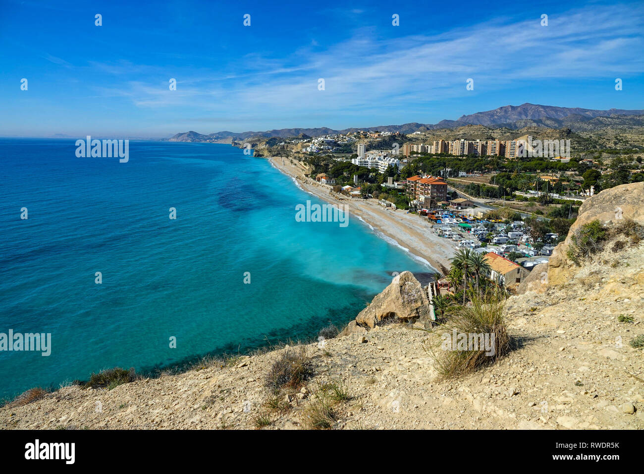 Playa El Paraiso Sandstrand, Urbanisierung Montiboli, La Vila Joiosa, Costa Blanca, Spanien Stockfoto