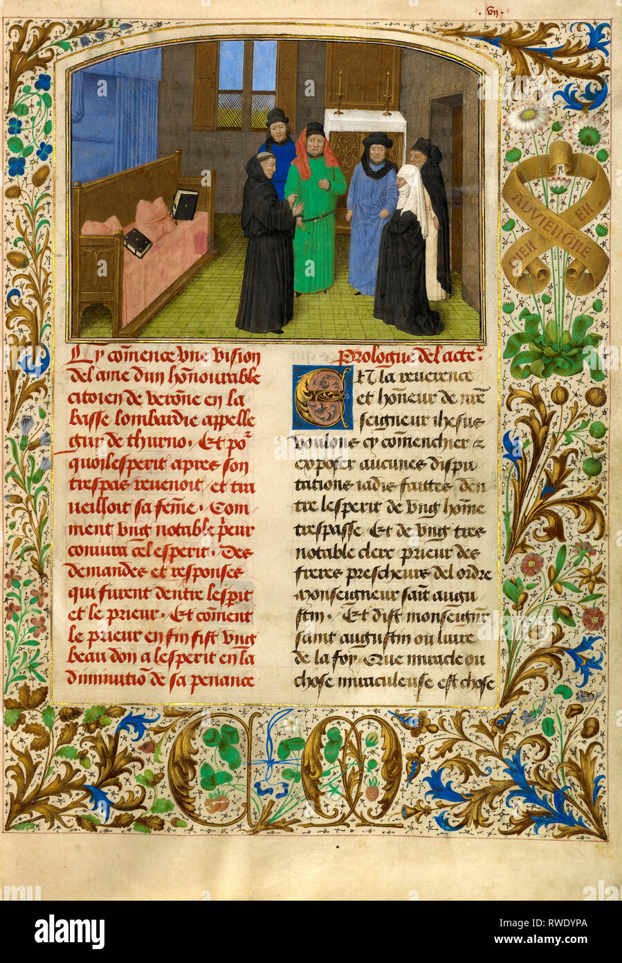 Ein Mönch und Guy's Witwe im Gespräch mit der Seele der Guy de Thurno; Simon Marmion (Flämisch, aktiv 1450 - 1489), David Aubert (Flämisch, aktive 1453 - 14. Stockfoto