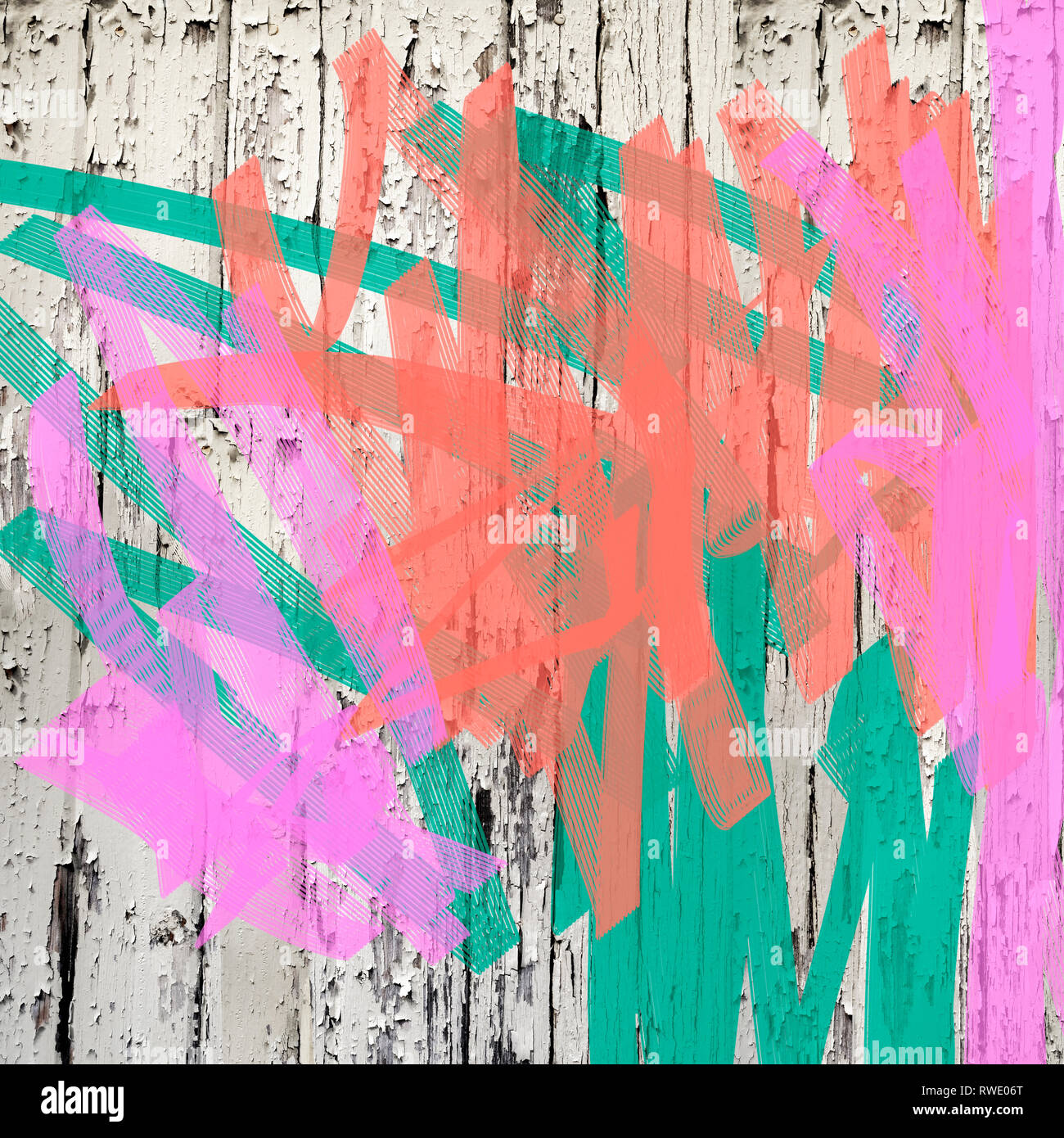 Lebende Korallen grün und pink Graffiti Bild in hoher Auflösung Holzwand mit abblätternder Farbe Foto Illustration für Frühjahr Konzept Stockfoto