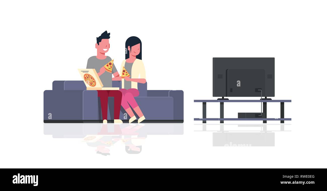 Glückliches Paar essen Pizza Mann Frau Fernsehen sitzen auf der Couch urlaub Konzept männlich weiblich Zeichentrickfiguren in voller Länge waagrechten Entspannen Stock Vektor