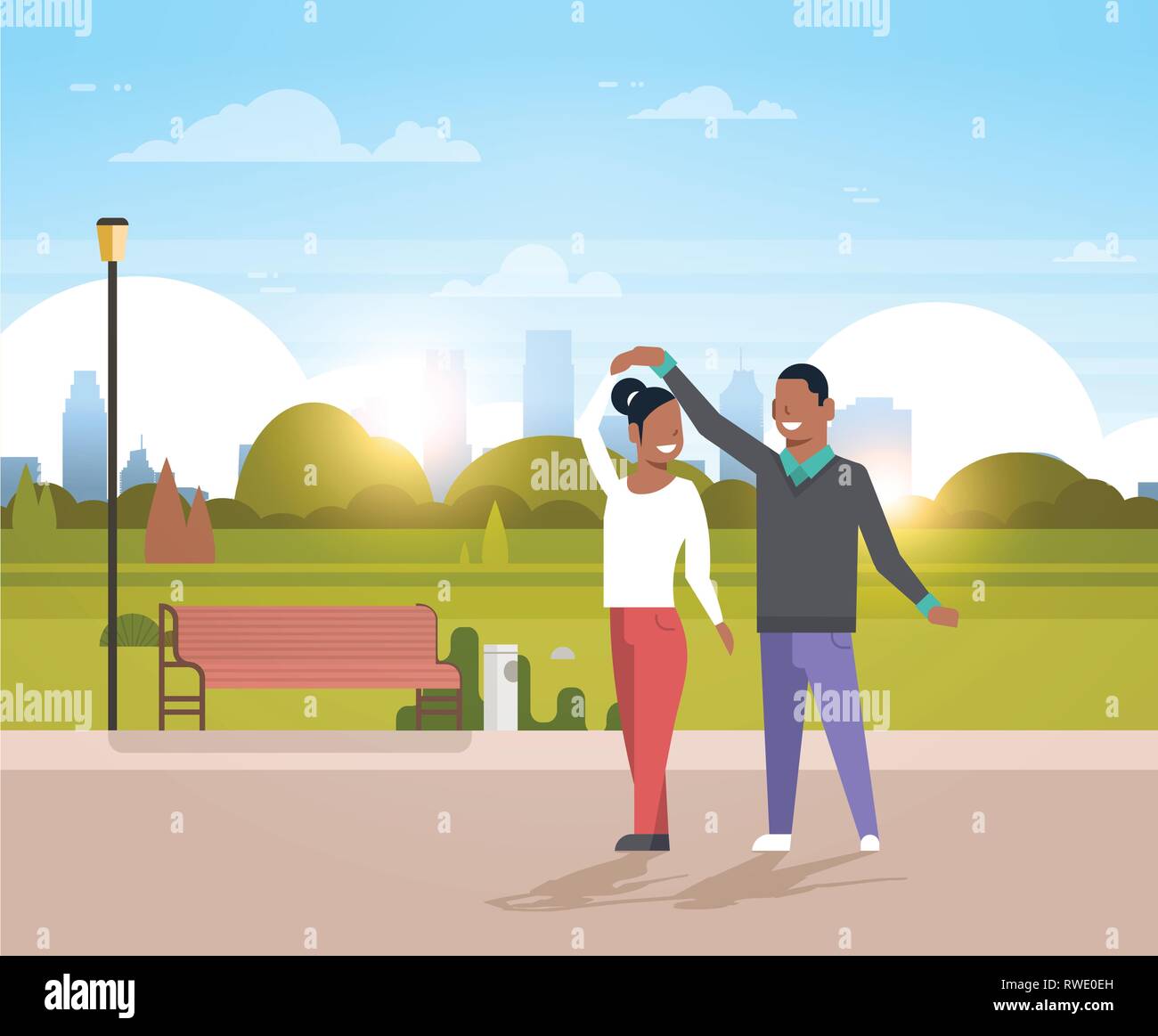 Paar tanzen zusammen afrikanische amerikanische Mann Frau Spaß Stadt städtischen Park Stadtbild Hintergrund glücklich Liebhaber männlich weiblich Zeichentrickfiguren voll Stock Vektor