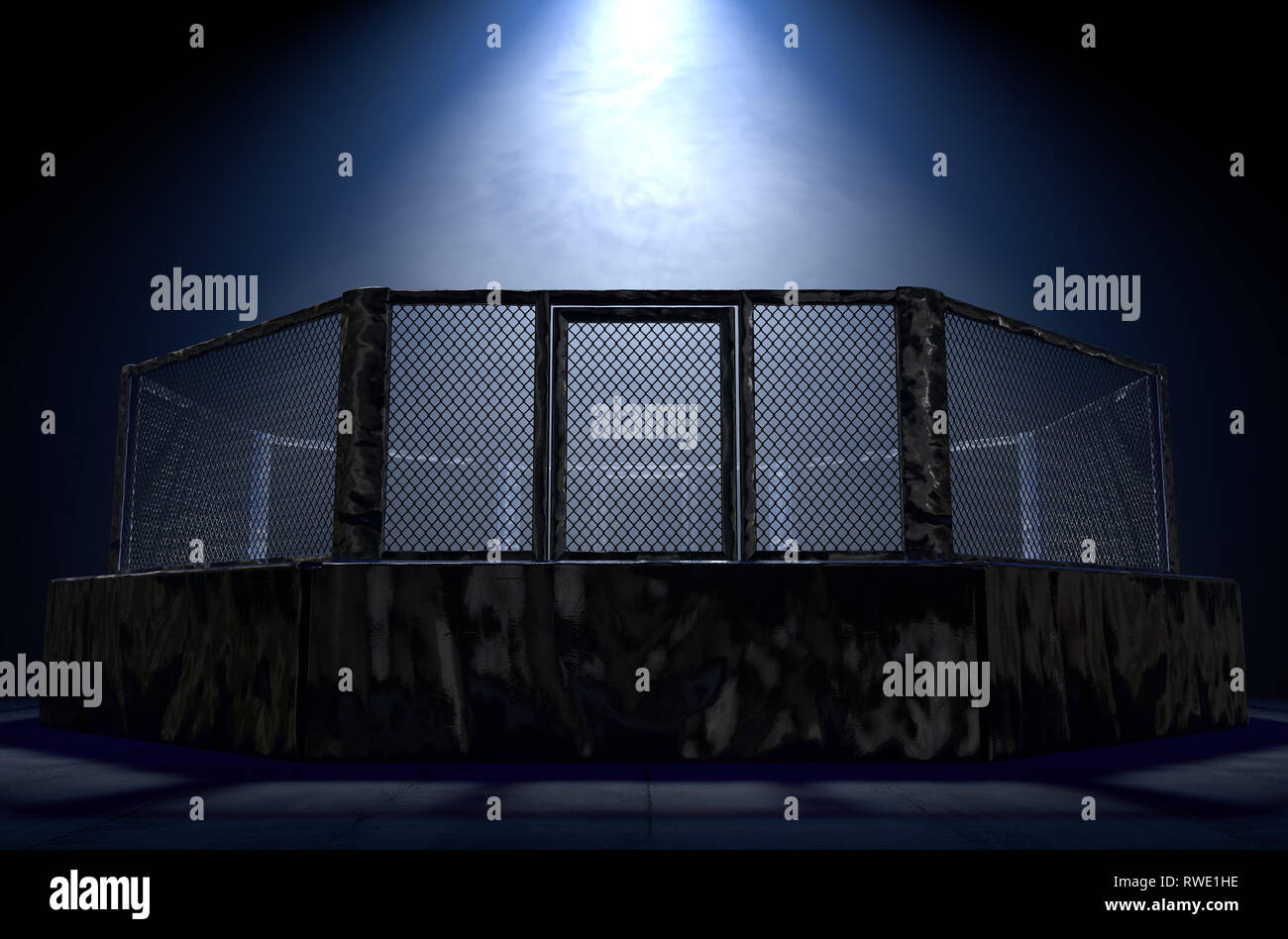 Eine 3D-Render einer MMA Käfig Kampf Arena in schwarz Polsterung spotlit durch ein einziges Licht auf einem isolierten dunklen Hintergrund - 3D-Render gekleidet Stockfoto