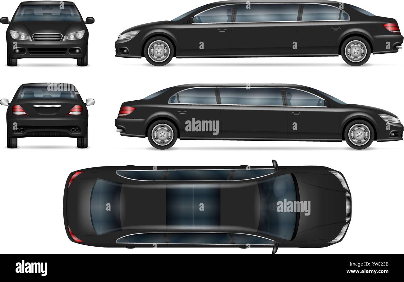 Schwarze limousine Vektor Mockup für Fahrzeug Branding, Werbung, Corporate Identity. Isolierte Vorlage von realistischen Auto auf weißem Hintergrund. Stock Vektor