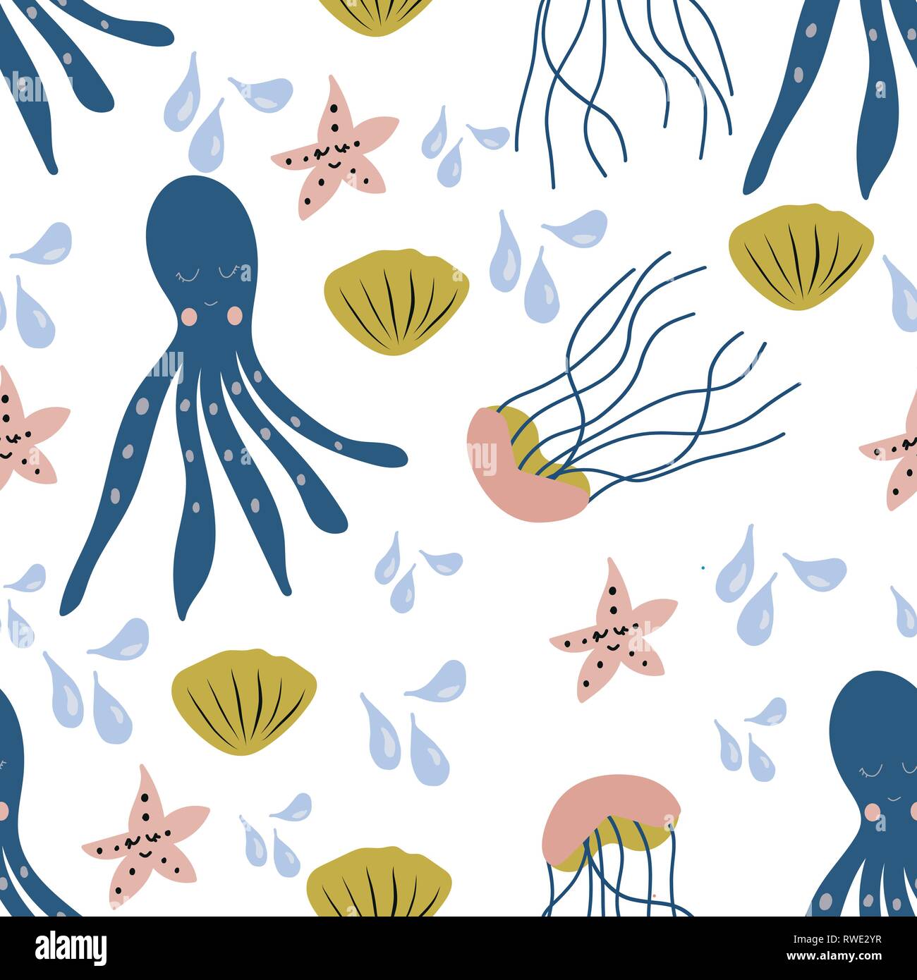 Nahtlose Muster mit bunten Meeresbewohner. Vector Illustration. Stock Vektor