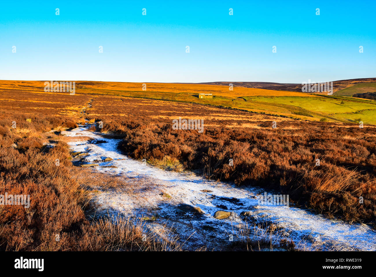 Verschneiten Fußweg auf Winter Moorlandschaft, heptonstall Moor, Heptonstall, Hebden Bridge, Calderdale, West Yorkshire Stockfoto